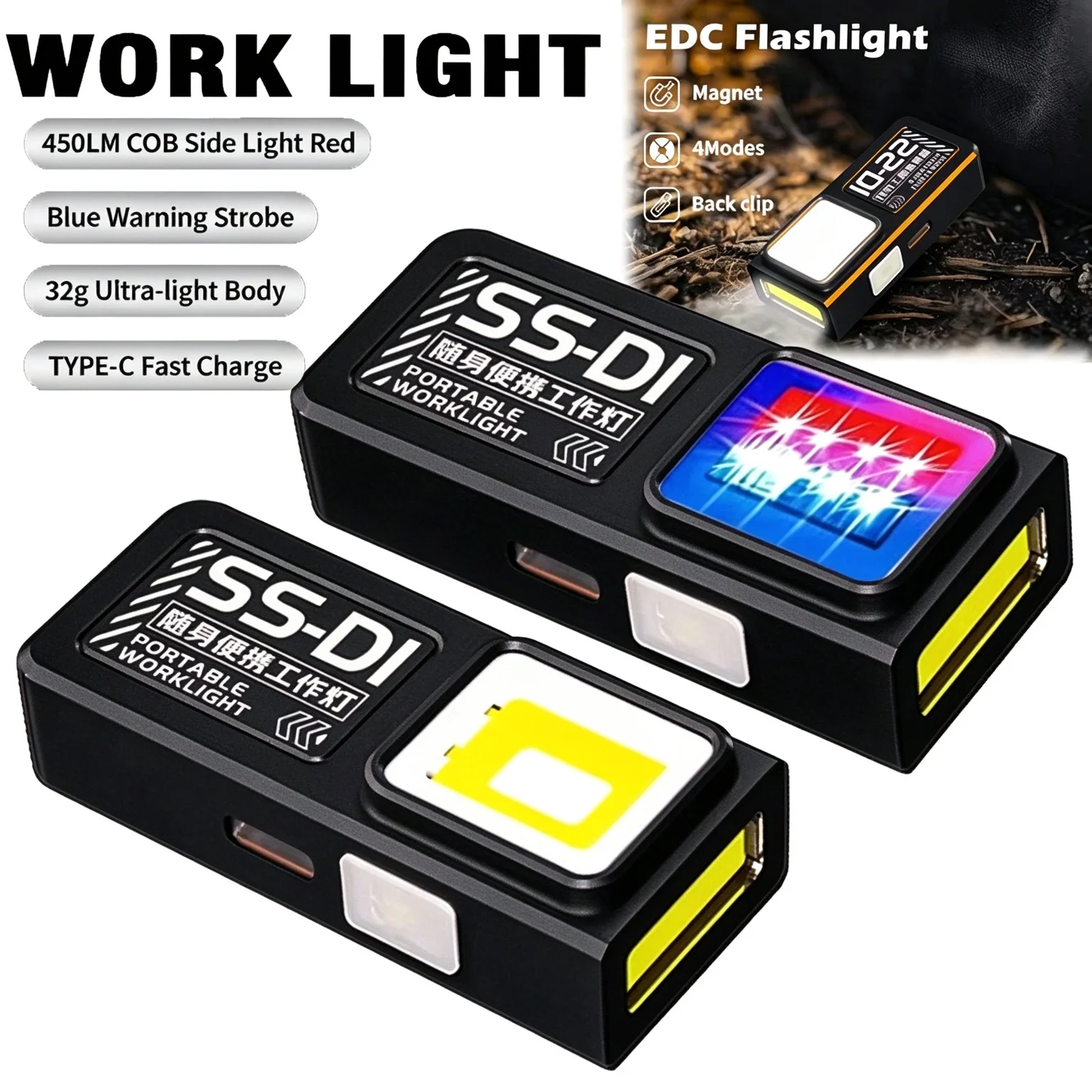 Portable Rechargeable LED Flashlight Mini EDC Pocket Torch Magnetic COB Work Light USB C Charging Red Blue Strobe Warning Lamp