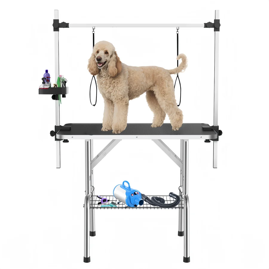 

Складной стол для груминга собак Pawly, 36/46 дюймов, с регулируемой ручкой, ремнем безопасности, корзиной, нескользящий, для дома и салона