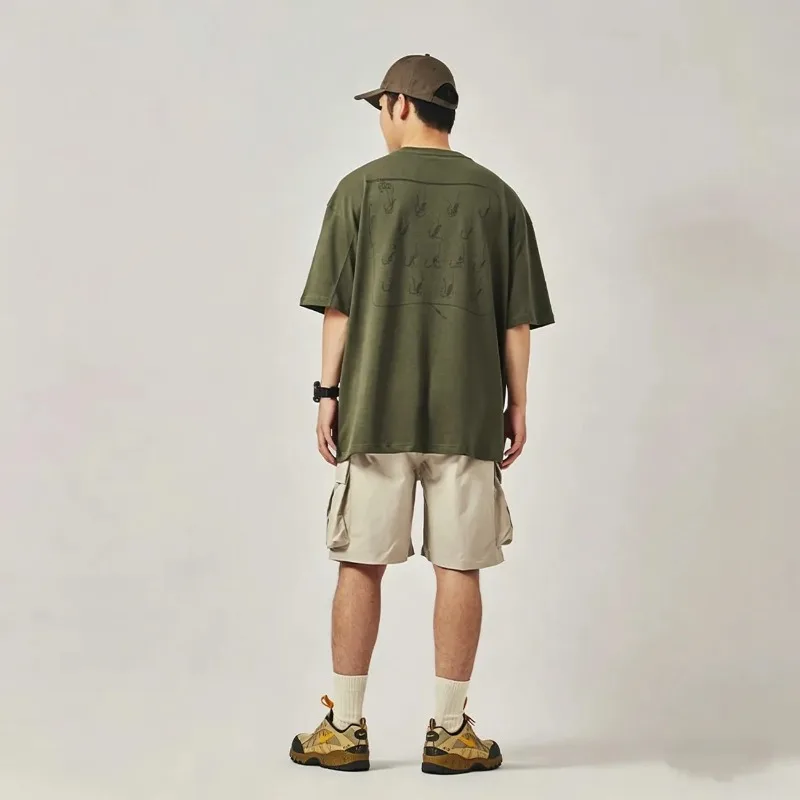 Men Army Green Oversized T Shirt Fishing Hook Print Short Sleeve Casual Camping Top