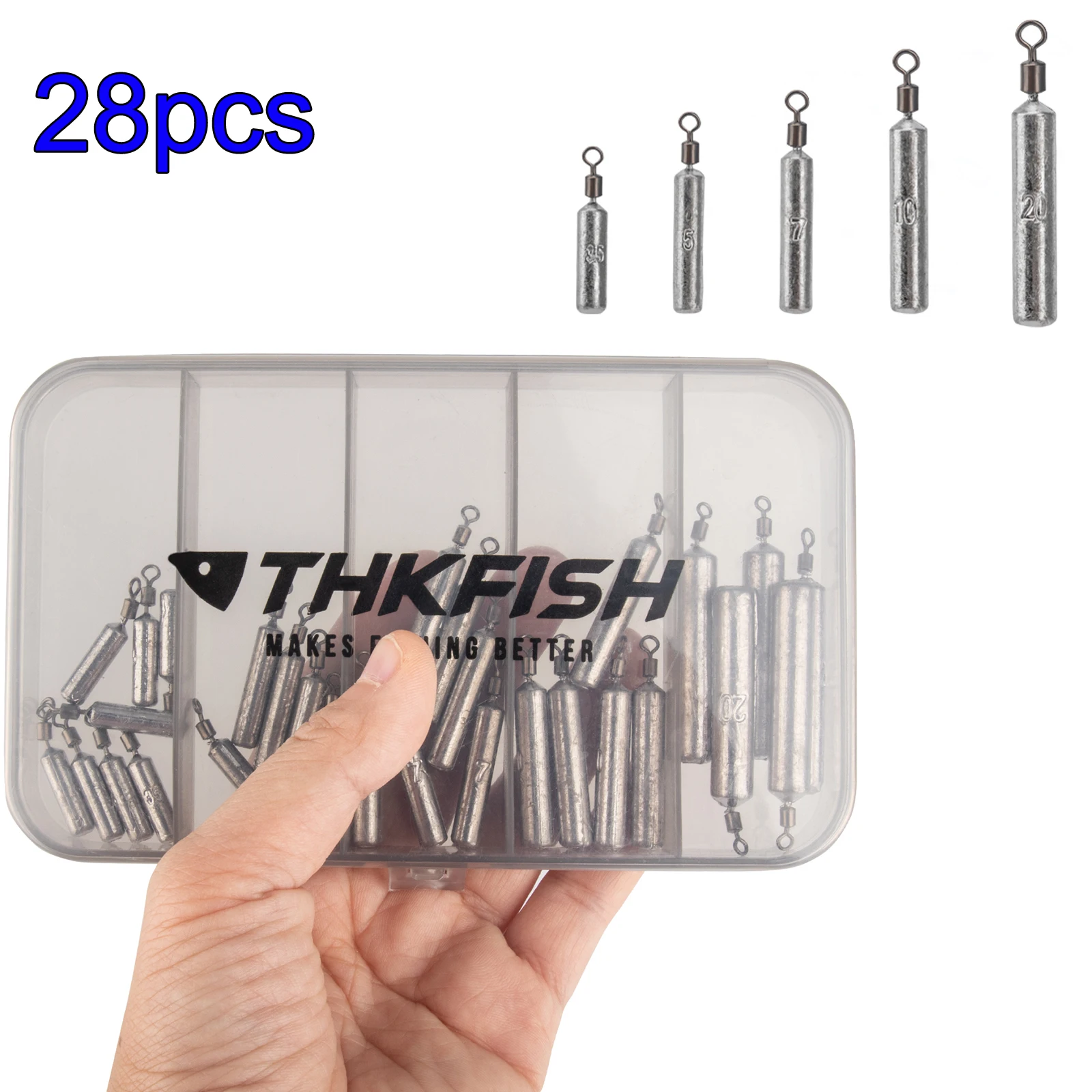28pcs Fishing Drop Shot Weights 3.5g 5g 7g 10g 14g Lead Fishing Weights Pencil Sinkers with Barrel Swivels for Bass Fishing