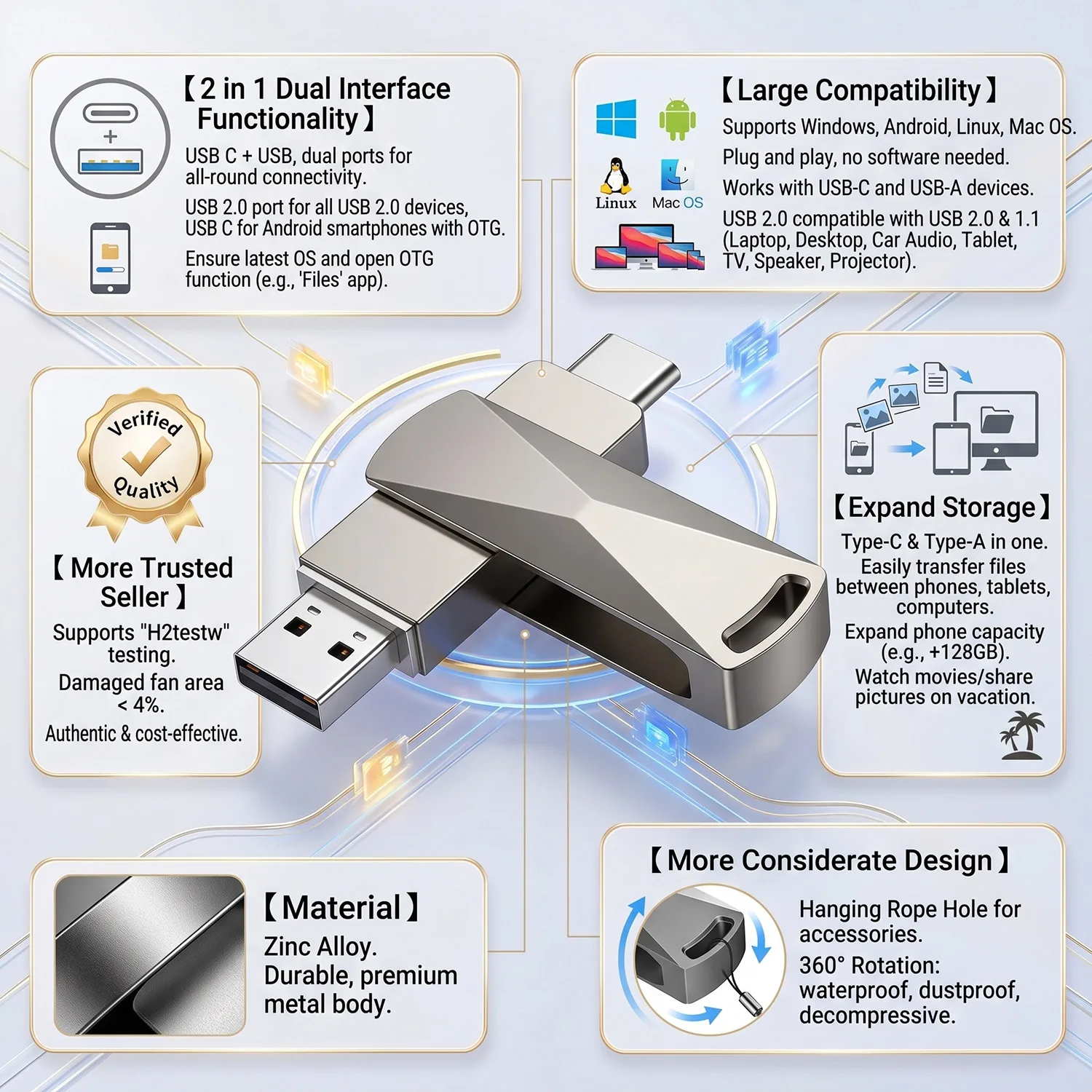 USB C Flash Drive Dual USB 2.0 Flash Drive Type C + USB A Portable Type-C Flash Drive 2-in-1 USB-C Thumb Drive 8GB 16GB 32GB