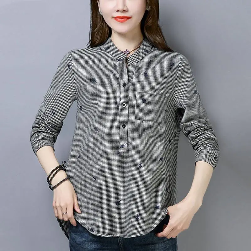 Spring and Summer Women\'s Plaid Shirt Long-sleeved Korean Version Loose Standing Collar Single Breasted Fashion Casual Commute