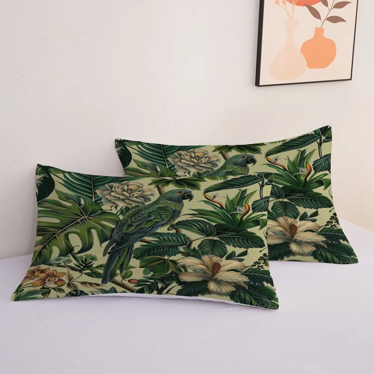 Parrots and flowers  Down comforter set, extra large size  Green   1 duvet cover, 2 pillowcases, 3 pieces