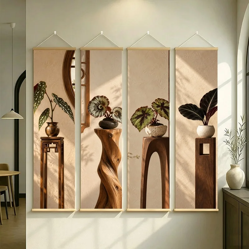 Wall Art Black Rabbit Calathea and Iron Cross Begonia, Wabi-Sabi Silver Shimmer Canvas Hanging Scroll for Boutique Hotel