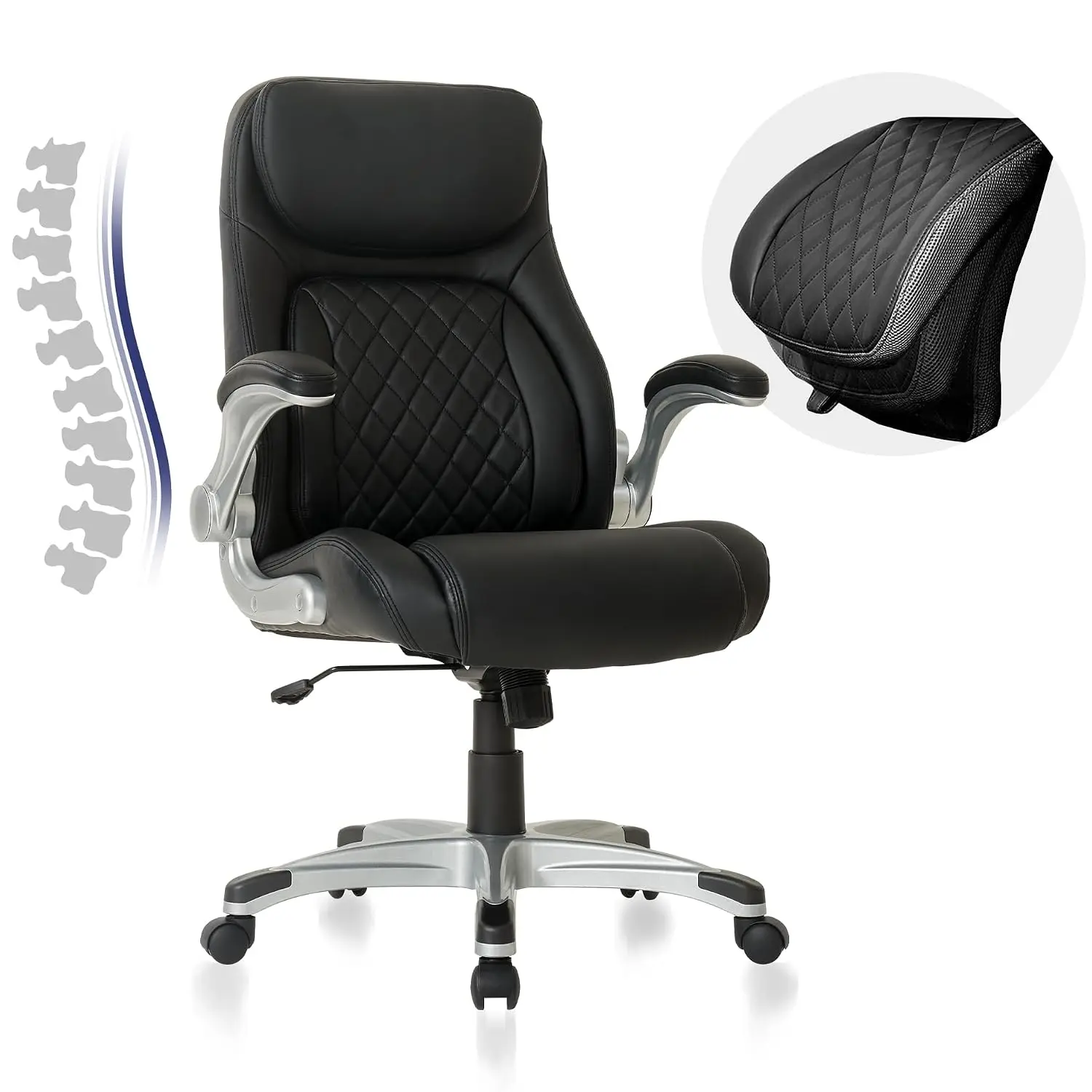 Ergonomic Office Chair Leather Adjustable Lumbar Support & Armrests High Back Desk Gaming Computer Swivel Chair Tilt Black, Cust