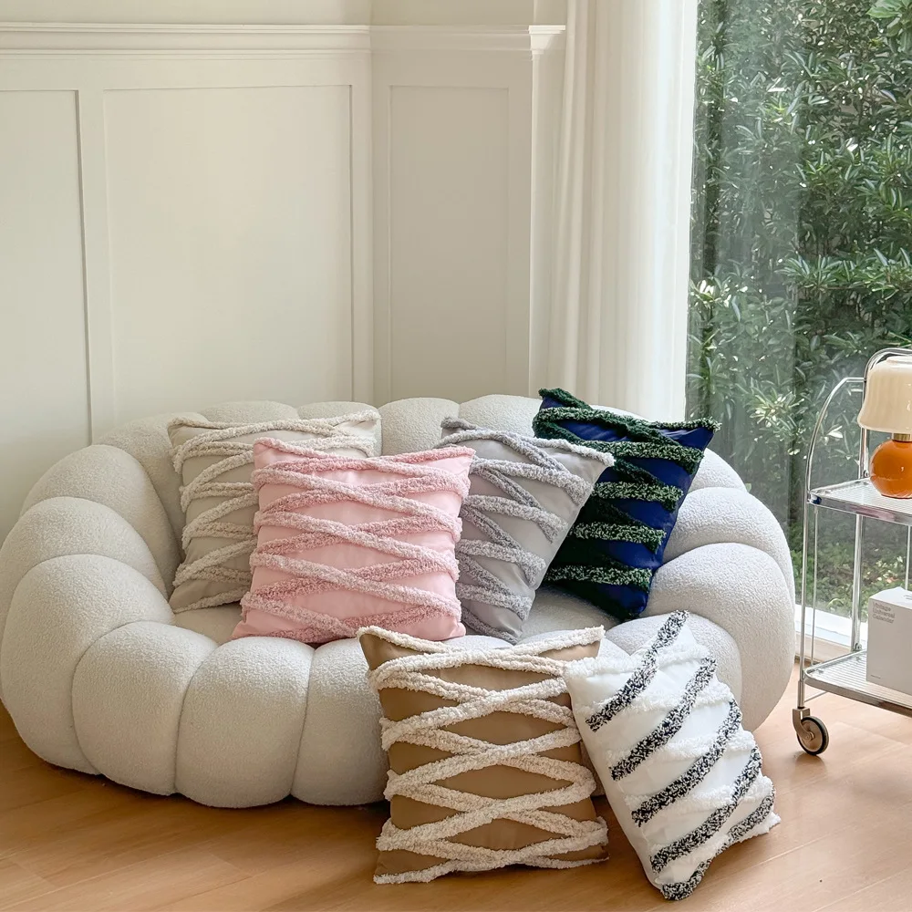 

Pink Blue Tassels Splice Cushion Cover Geometric Printed Striped Tufted Pillow Cover Decorative Pillows for Sofa Decoration Home