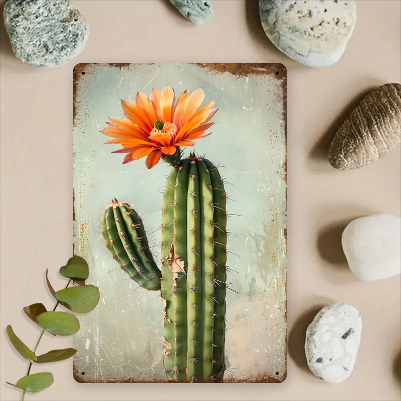 Room Decor 1pc Vintage Cactus Blooming Metal Tin Sign, 8x12 Inch, Rustic Wall Art for Home, Office, Study, Living Room, Garden -