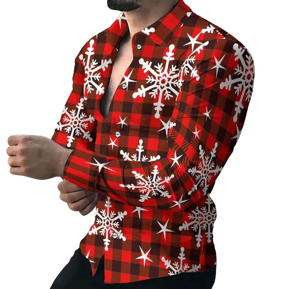 Men\'s Shirt Plaid Snowflake Christmas 3D Printing Shirt Christmas Street Long Sleeve Button Clothing Fashion Design Casual Soft