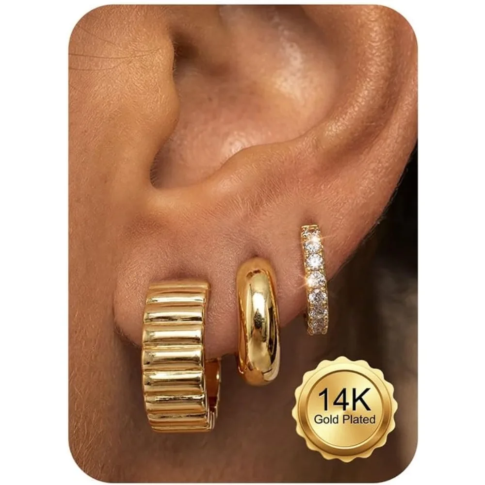 Bobisty 3 Pairs 14K Gold Plated Hoop Earrings Stacks for Women Hoops Earrings Small Chunky Earrings Lightweight Piercing Jewelry