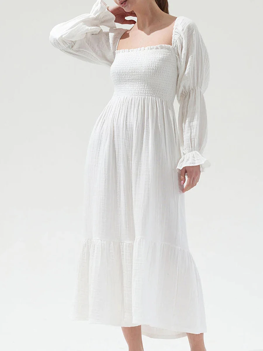 Autumn Elegant White Off Shoulder Long Dress Puff Sleeves Casual Floral Printed Square Collar Long Sleeve Midi Wedding Dress