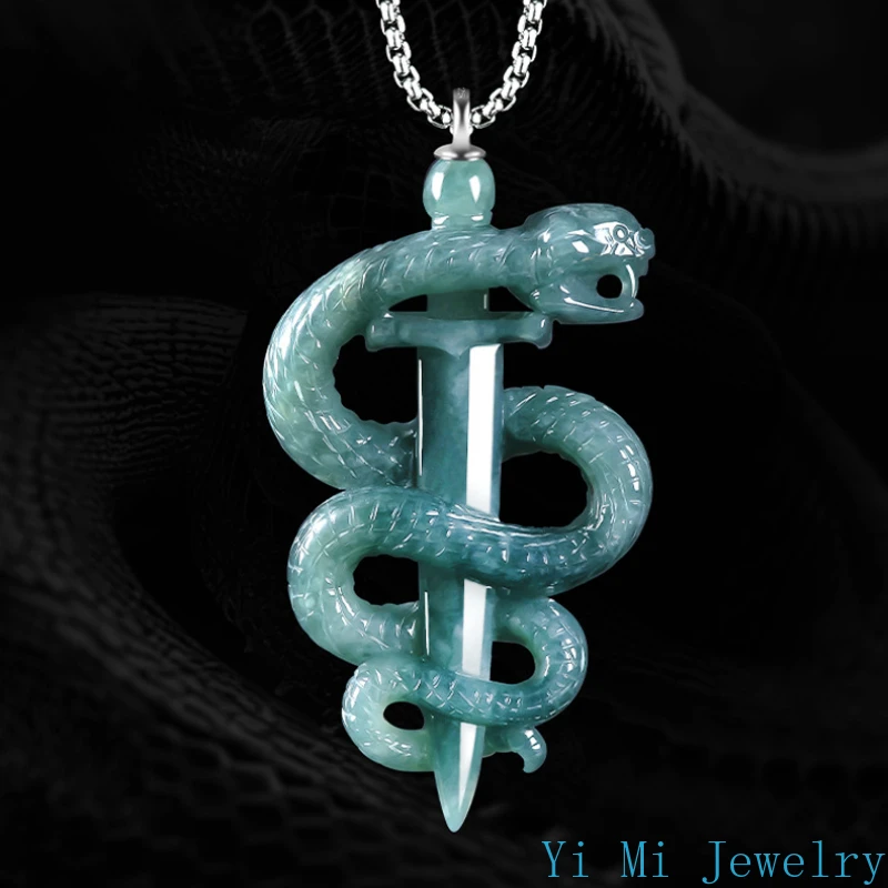 Natural A-goods Jadeite Year of The Snake Pendant Black Mamba Memorial Necklace Ice Jade Men and Women Models Hip-hop Pendant