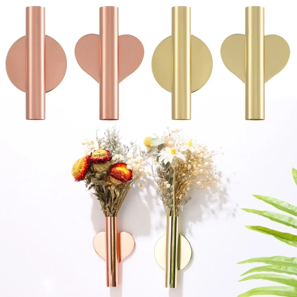 1Pcs Wall-Mounted Flower Tube Wall Metal Vase Decoration Stand Dry Golden Decor Pink Vase Stand For Displaying Flower Decoration