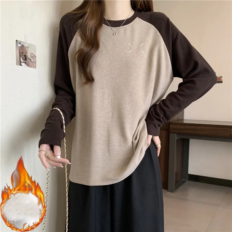 autumn Winter casual oversized T-shirts multicolor Thicken women Long Sleeve bottoming T shirt warm Velvet y2k Top streetwear