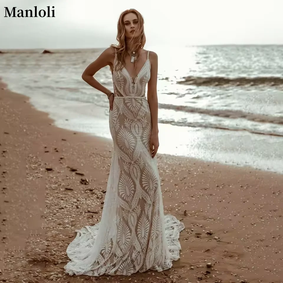 

Sexy V-neck Beach Mermaid Wedding Dress Lace Spaghetti Strap Wedding Dress Bohemian Backless Tank Top Customization