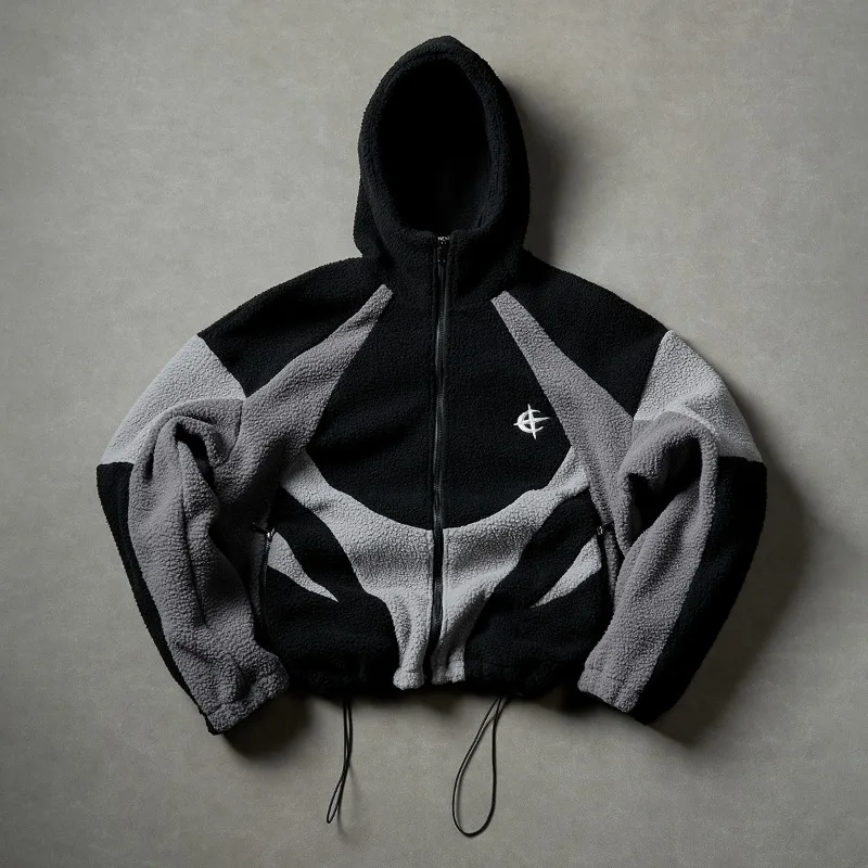 American Style Patchwork Polar Fleece Hooded Jacket Men Autumn Winter Warm Oversized Coat High Street Hip Hop Streetwear Man