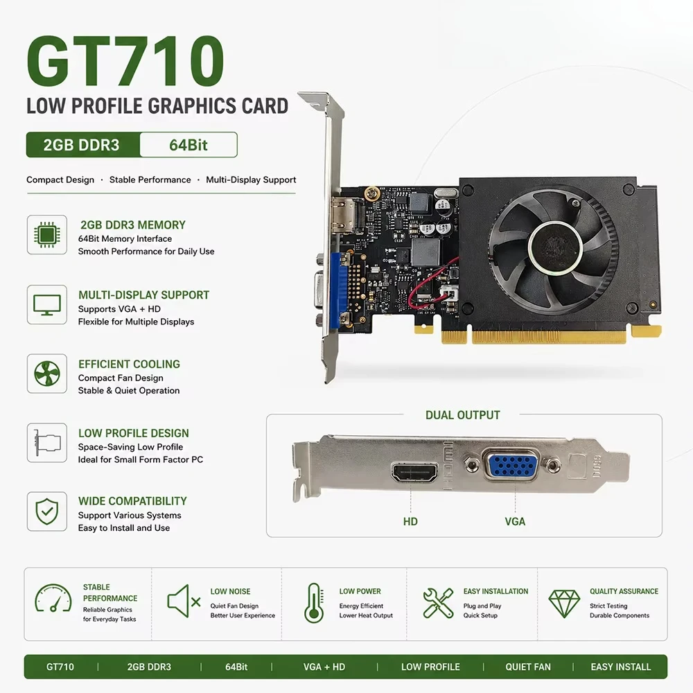 Geforce GT 710 2GB DDR3 64Bit Low Profile Graphics Card OEM Original Wholesale in Stock for Desktop Computer Builds
