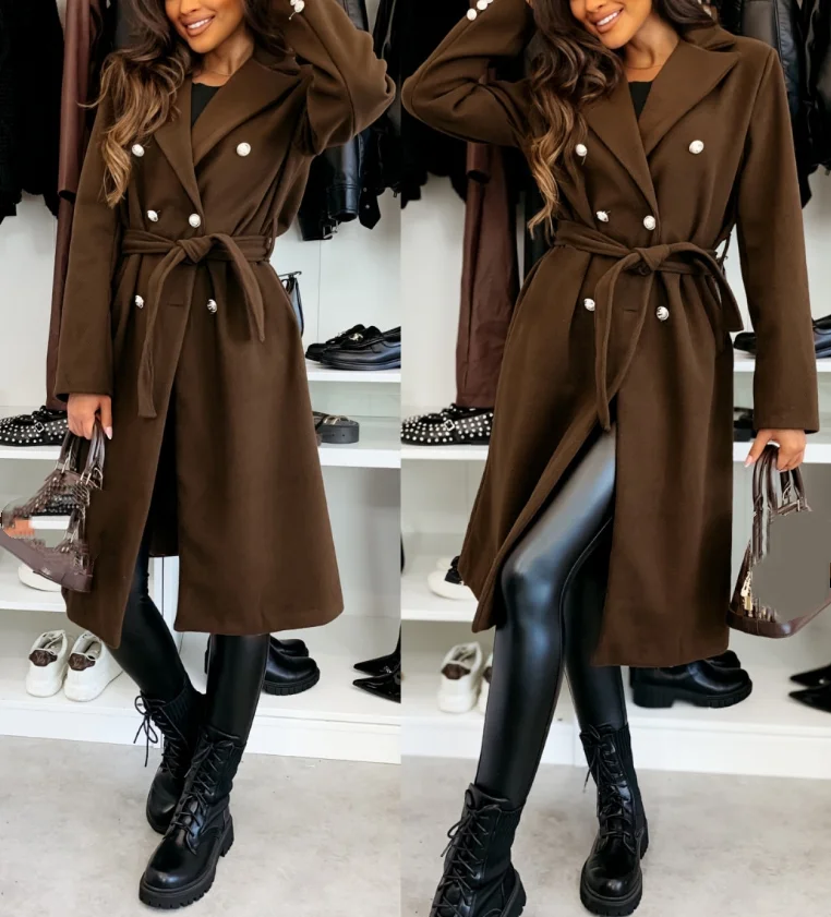 

Solid color double row buckle tied woolen coat for women's wear