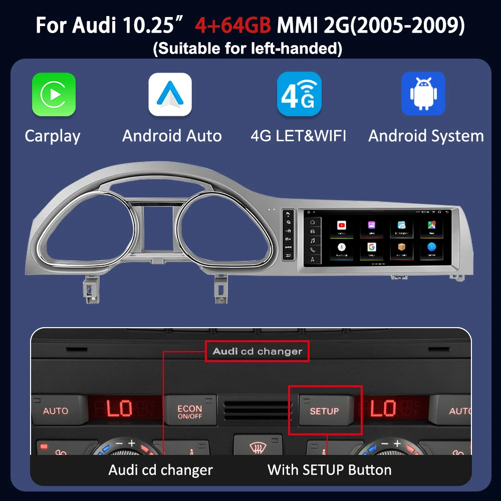 10.25“ Android 14 Draadloze CarPlay Andorid Auto Autoradio Multimedia Voor Audi Q7 4L 2005-2015 MMI 2G 3G GPS 4G WIFI Navigatie