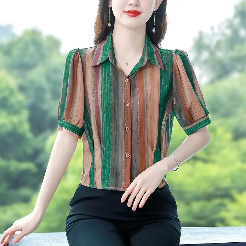 Office Lady Contrasting Colors Striped Blouse Fashion Spliced Folds Women's Clothing Polo-Neck 2023 Summer Single-breasted Shirt