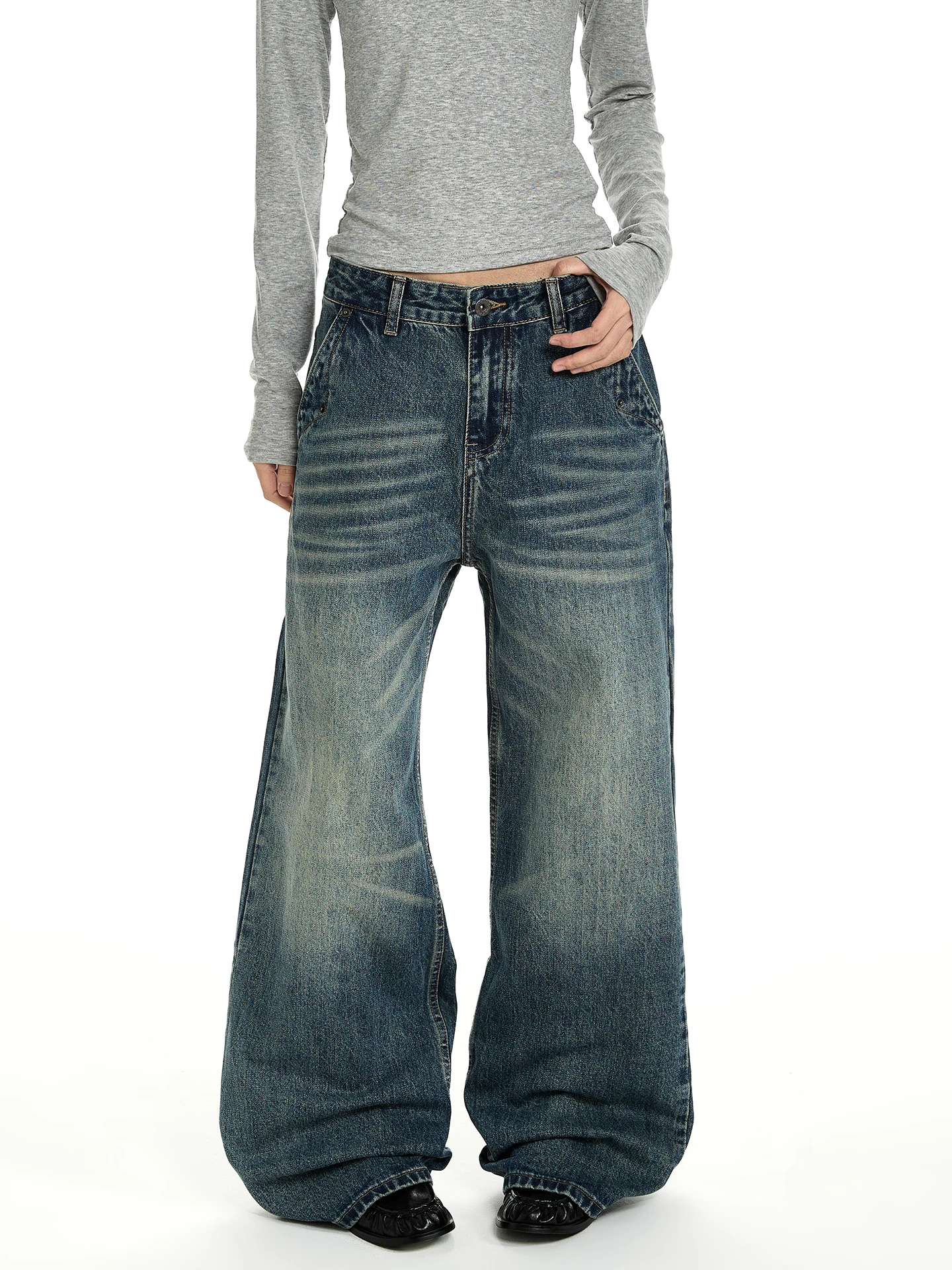 

Классические джинсы PUEE Cleanfit Vintage с эффектом потертости, прямого кроя, с высокой талией, из смесового хлопка и полиэстера, повседневные брюки