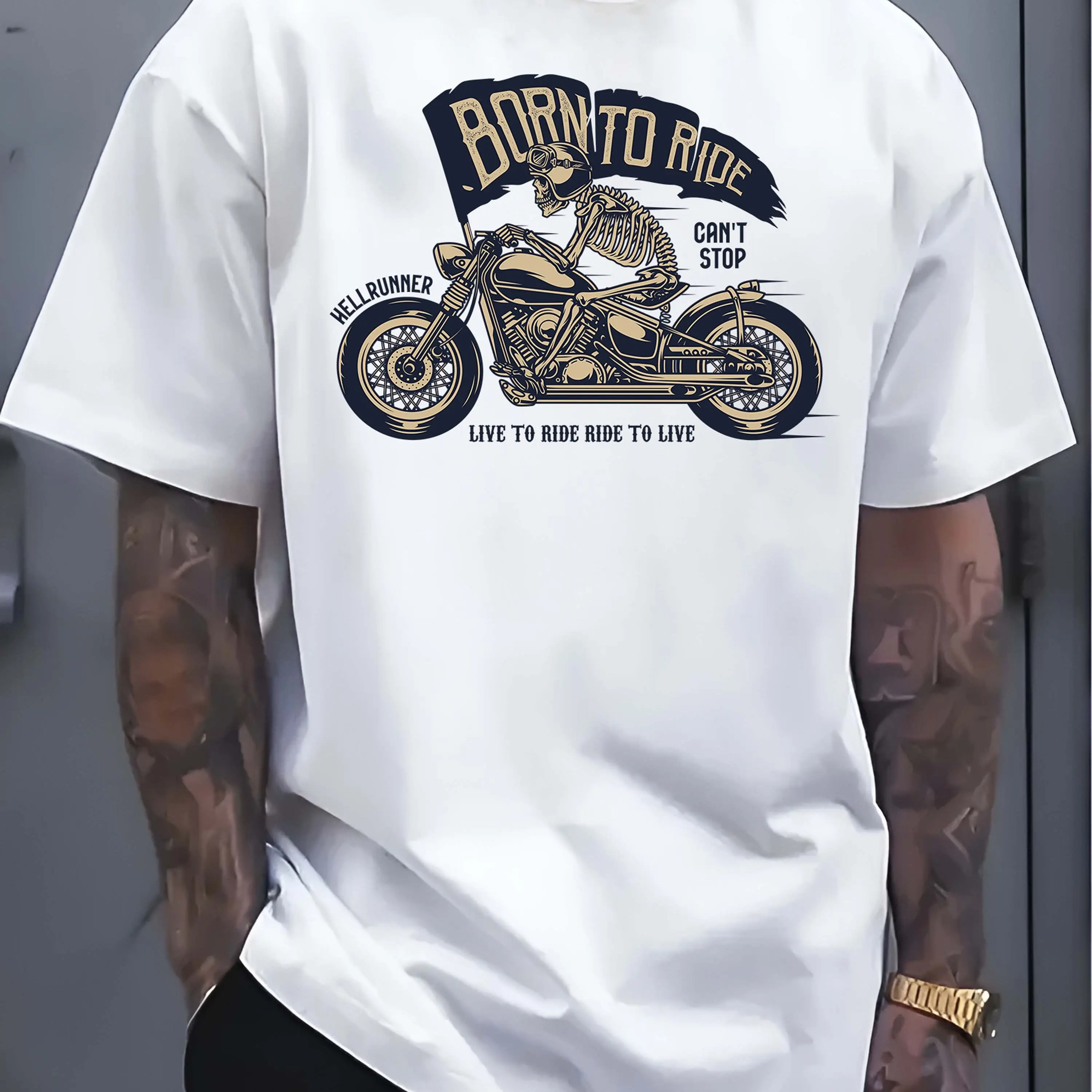 

Men's Cotton White T-Shirt: Ride or Die: Retro Skull Motorcycle T-Shirt