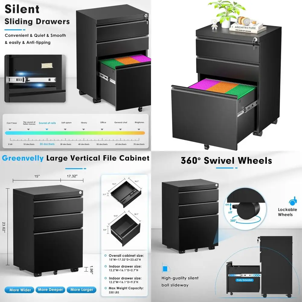 

3-Drawer Rolling Metal File Cabinet, Home Office Letter/Legal Size Organizer with Wheels, Black