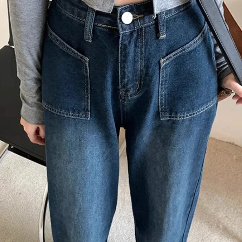 Jean en denim pleine longueur pour femme, poches, style coréen vintage, streetwear décontracté, collège, printemps, commconsulAll-match, harajuku