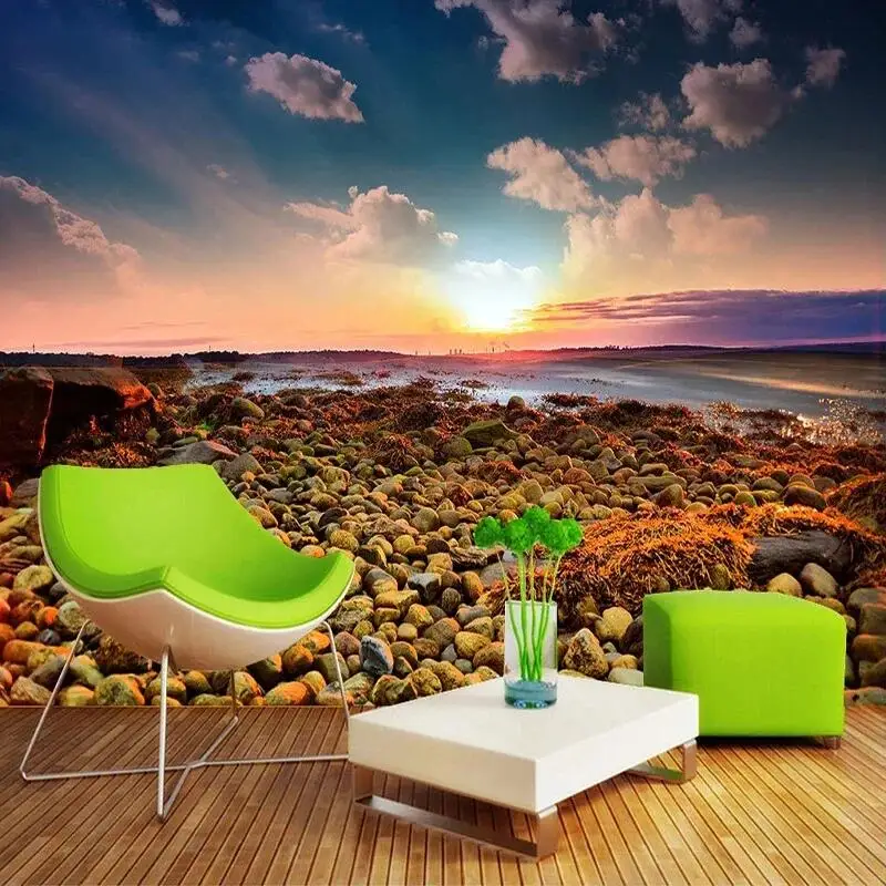 Custom Large Mural 3D Beautiful Cobblestone Beach Sunrise Landscape Photo Wallpaper Wall Painting Bedroom Living Room Decoration