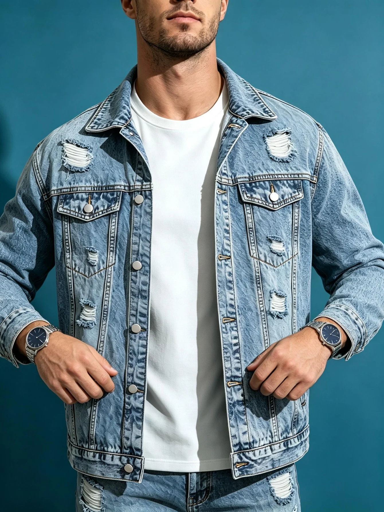 Men's Lapel Y2K Denim Jacket American Street Trend Long Sleeve Jean Outerwear Holiday Gift for Lover Husband