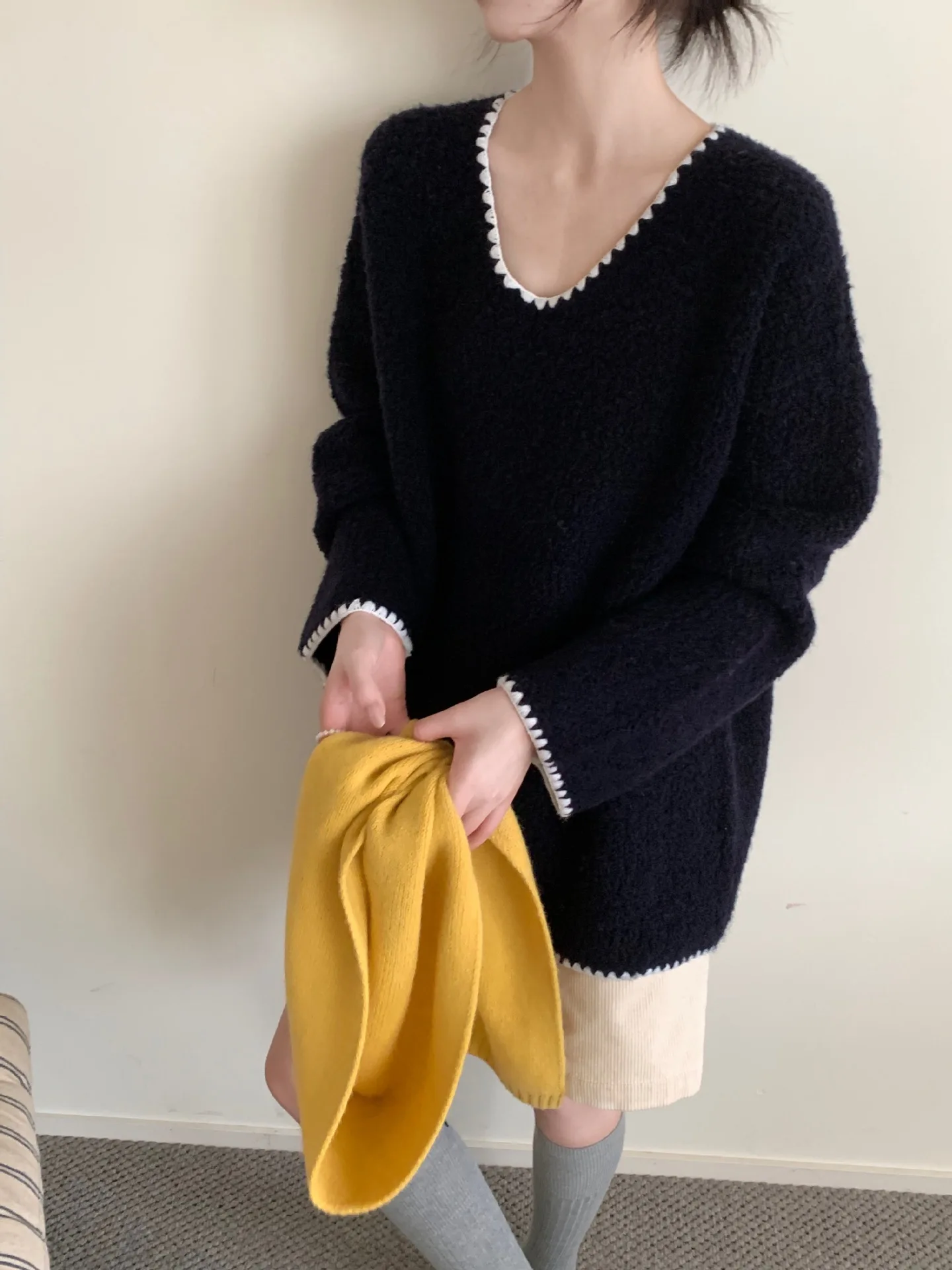 

Свитер из полной шерсти с грубыми иглами, свободный и ленивый, шерсть с петлями, толстая шерсть, свитер широкого кроя.