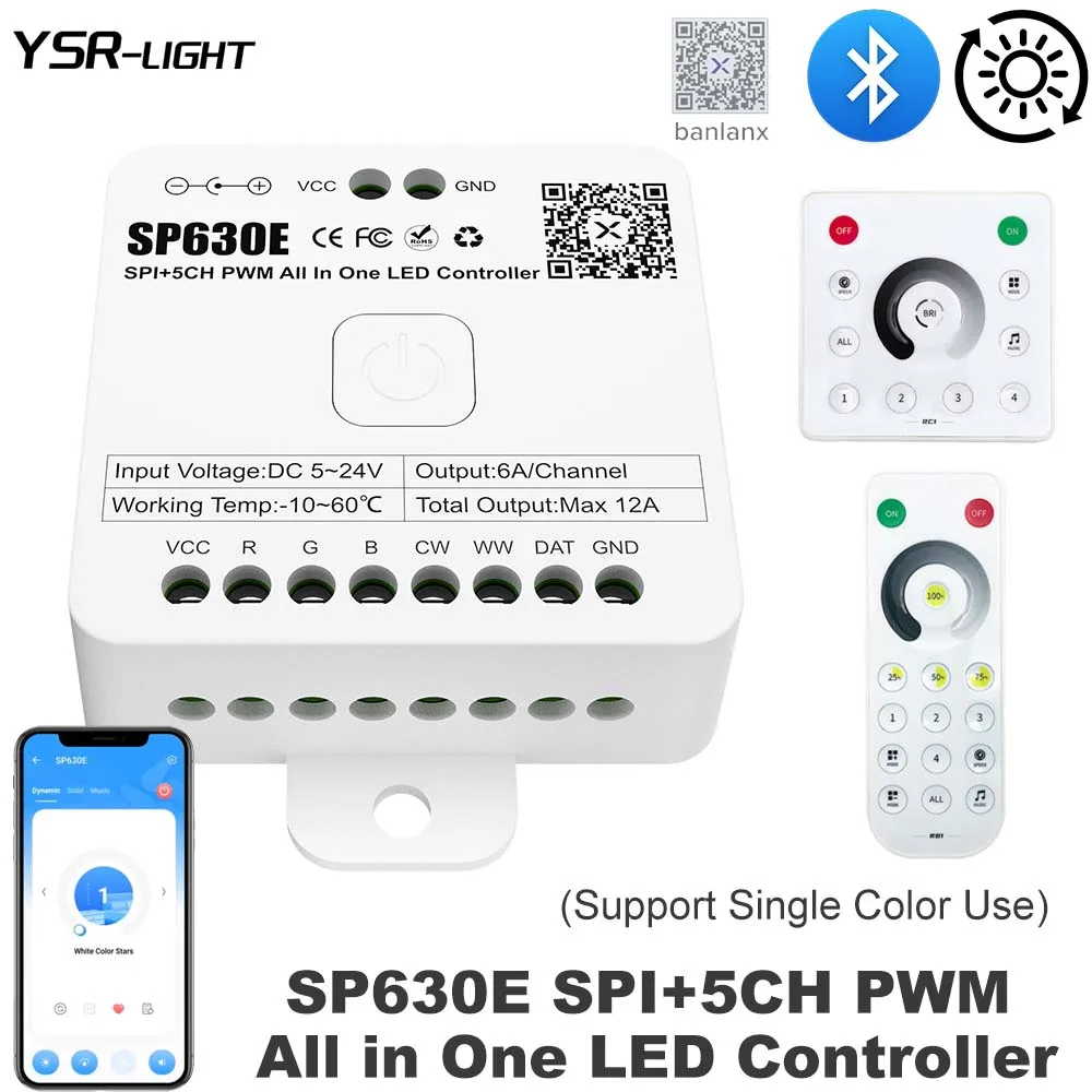 

Bluetooth All in One SP630E LED Controller SPI+5CH SPI Pixels PWM 1CH 2.4G RB1 RC1 Remote Control Kit for Single Color Dimming