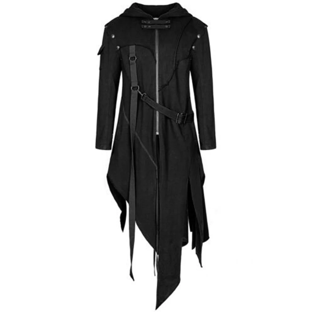 New 2024 Men's Punk Style Irregular Trench Coats Black Gothic Long Hooded Jackets Halloween Man Cosplay Costume Large