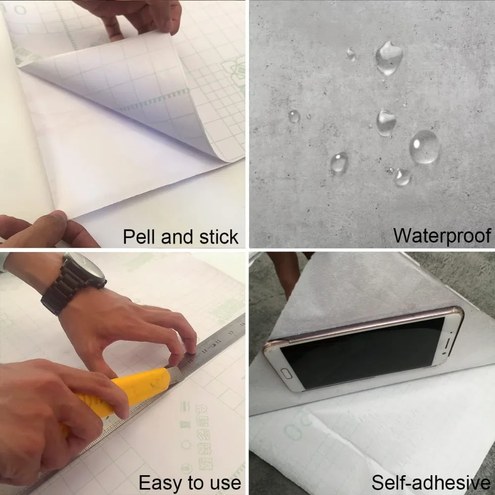 ورق جدران قابل للتقشير واللصق المقاوم للماء من الخرسانة الرمادية، لمسة نهائية غير لامعة، 24 × 708 بوصة، لاصق سميك، مظهر أسمنتي رمادي