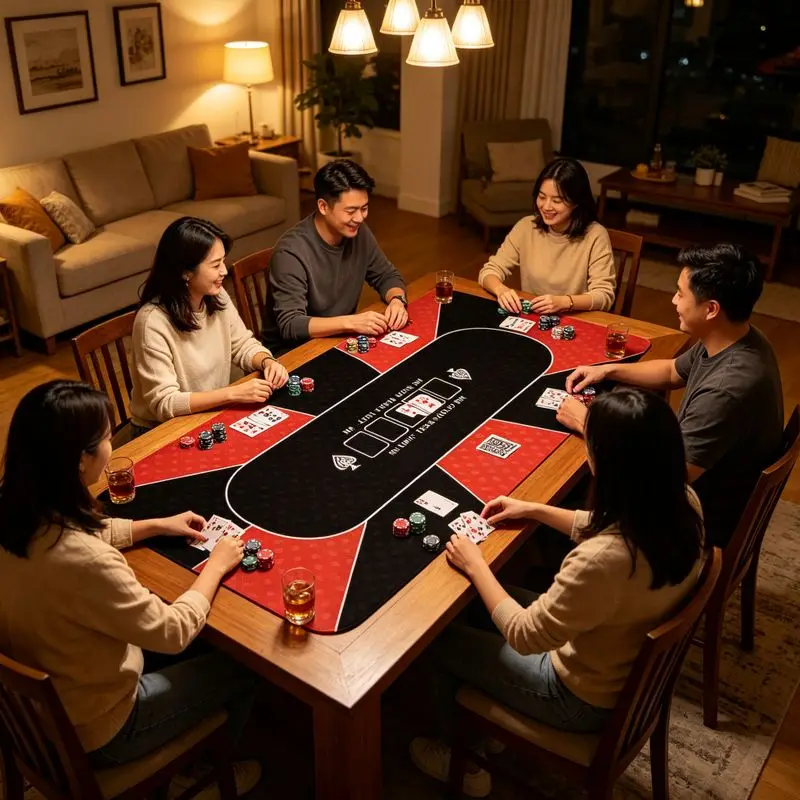VIKAMA Texas Holdem Poker Table Mat Red Black Card Suit Print Non‑Slip Foldable Game Tabletop Pad for Home Party Game Decor