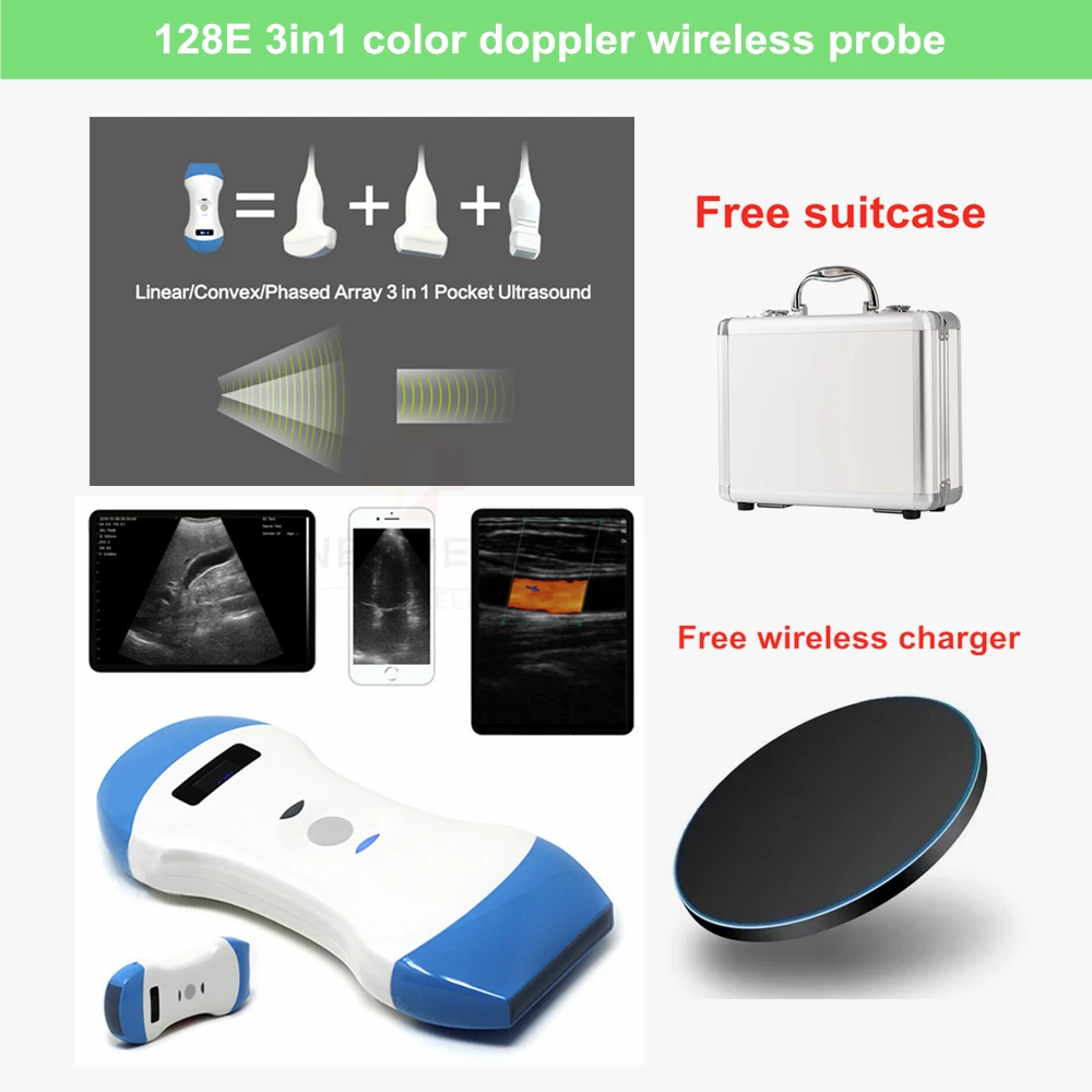 Double Head 3 In 1 Wireless Color Doppler Ultrasound Scanner Convex Linear Phased Array Probe