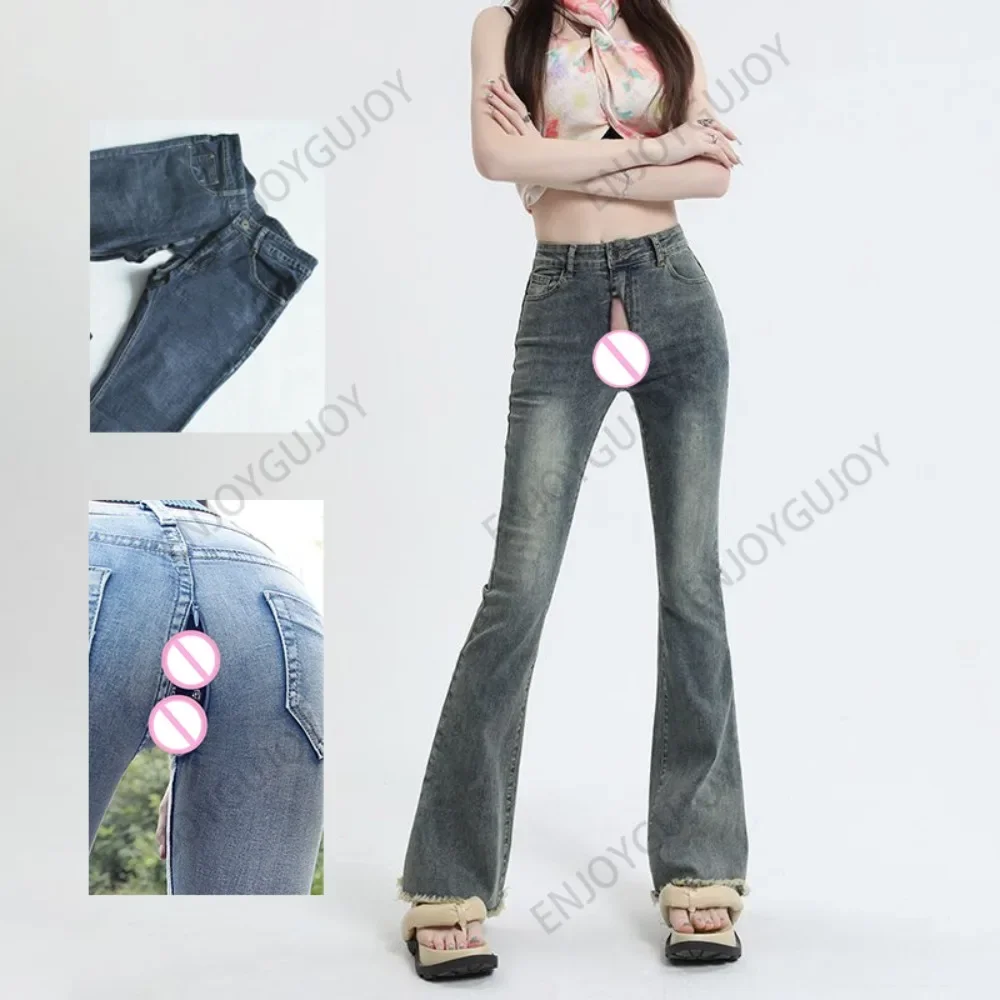 

Tight Fitting Jeans Women,Elastic Slim Fit Pants,Invisible Open Crotch Outdoor Sex Exotic Slacks,High Waist Bell-bottoms Denim