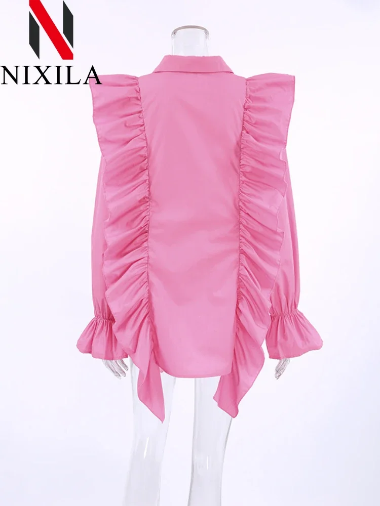 ربيع الخريف أزياء المرأة قميص كشكش حافة المتخصصة تصميم الشعور الإناث طويلة الأكمام قمم فضفاضة أنيقة المرأة بلوزة الملابس