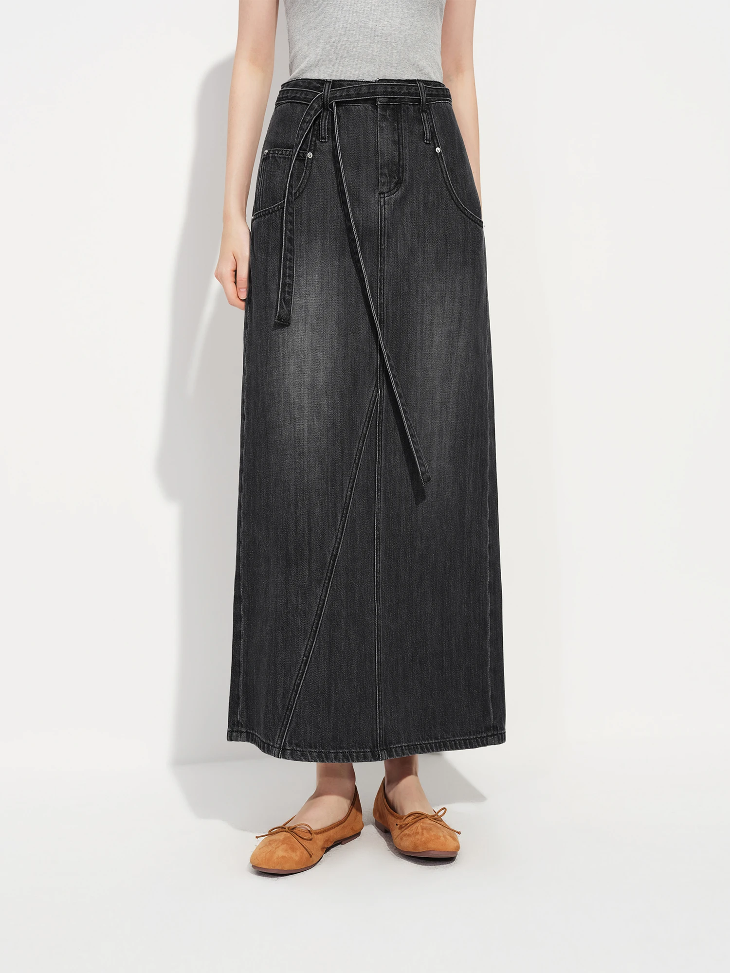 FSLE Jeans Straight Cut Ankle-Length Skirt for Women 2026 Spring New Arrival Collection High-Waisted Long Lenghth Grey Skirts - view 3