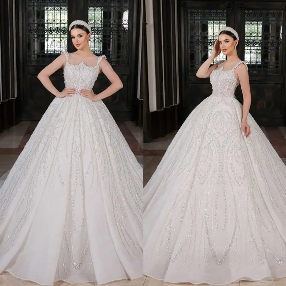

Illusion Ball Gown Wedding Dresses Pearls Sequins Sleeveless Bridal Gowns Customized High Quality Sweep Train Robe De Mariee