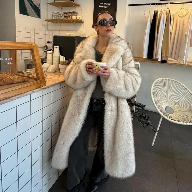 Neo Mint Slouchy Chic Gradient Long Eco Faux Fur Coat Women Winter Thick Warm Fluffy Fox Fur Jacket Brand Fashion Girls Overcoat