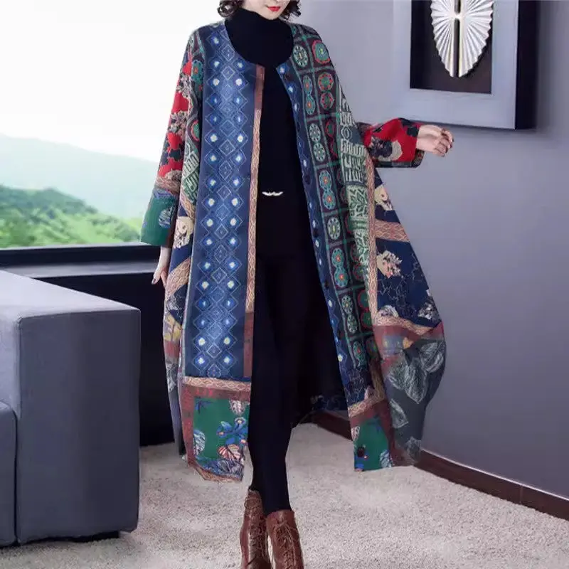 2024 Spring And Autumn Long Coat New Women's Vintage Printed Ethnic Style Clothing Loose Irregular Windbreaker Jacket K700