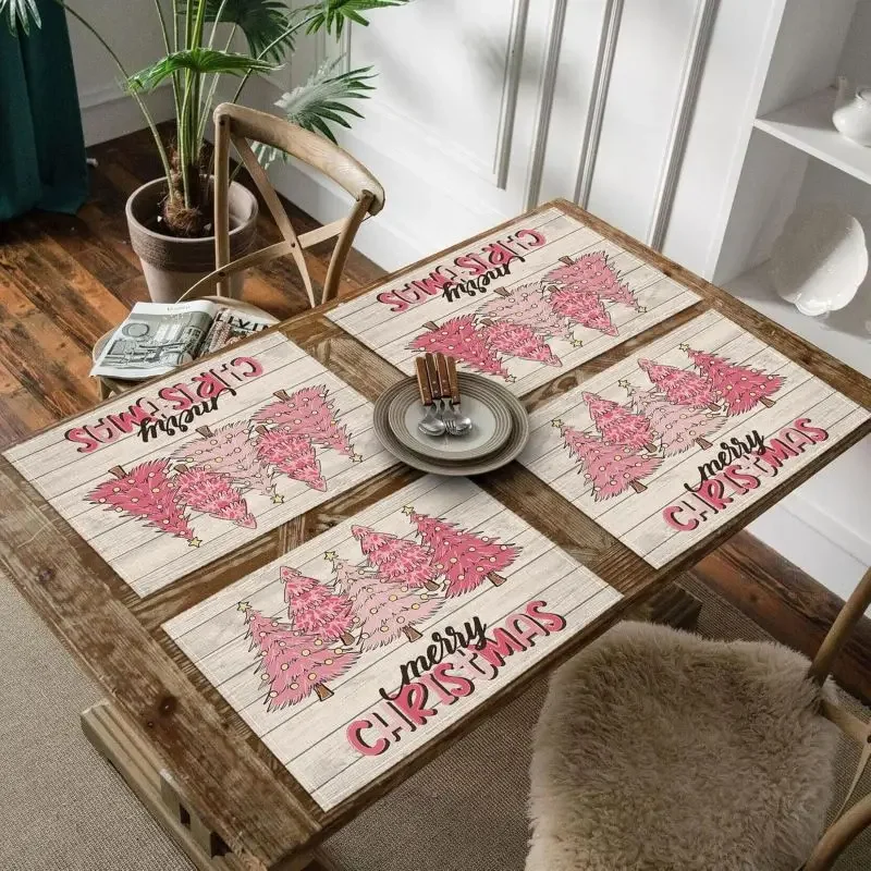 4/6/8pc Pink Christmas Tree Merry Christmas Placemats Winter Table Mats for Outdoor Home Party Kitchen Dining Decoration