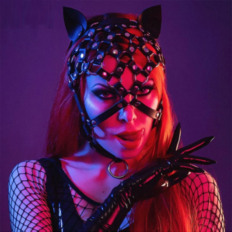 

BDSM Mask Half Eyes Cosplay Face Cat Leather Harness Mask Cosplay Mask For Women Leather Fun Cat Halloween Masquerade Party