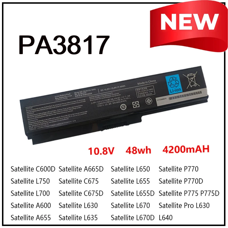 

10.8V 48Wh 4200mAh PA3817 U-1BRS Laptop Battery for Toshiba Satellite L745 L750 L755 L755D C600D A665D L650 P770 C675 L700 L660