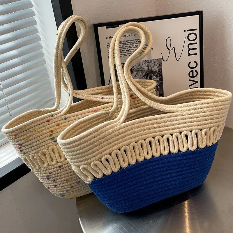 

Shoulder bag hollow cotton thread woven bag new summer large capacity French straw bag seaside vacation beach bag for women