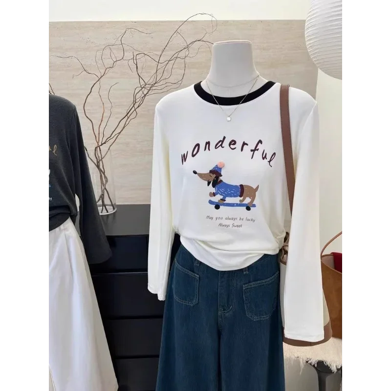Women's Autumn 2025 New Loose Puppy Print Bottoming Top Retro German Velvet Round Neck Long Sleeve T-Shirt