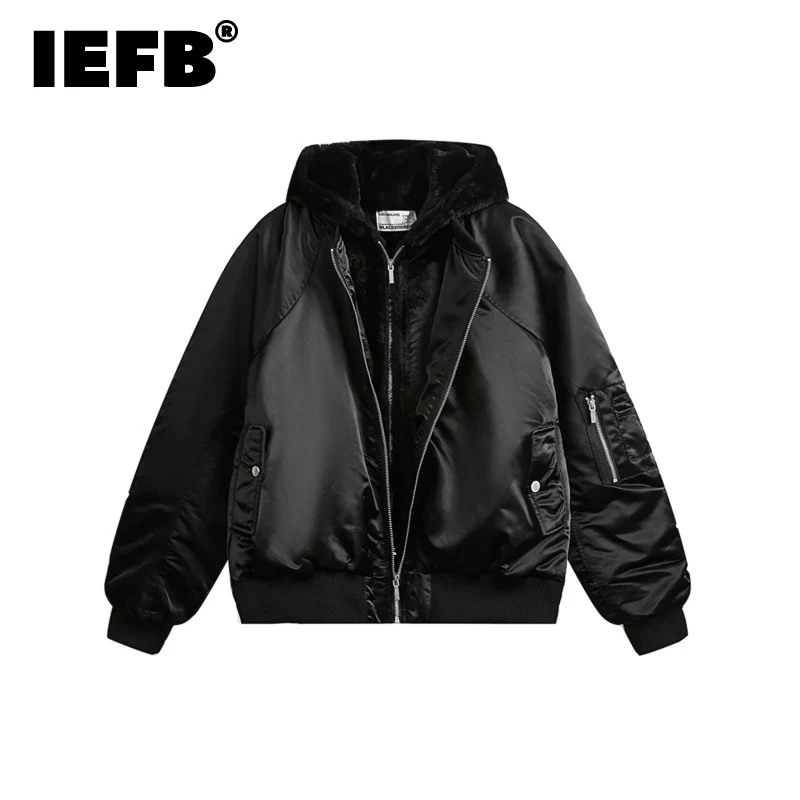 IEFB American Style Men's Padded Coats Fake Two-piece Zipper Patchwork Hooded Thickened Solid Color Loose Male Jackets CPG2411