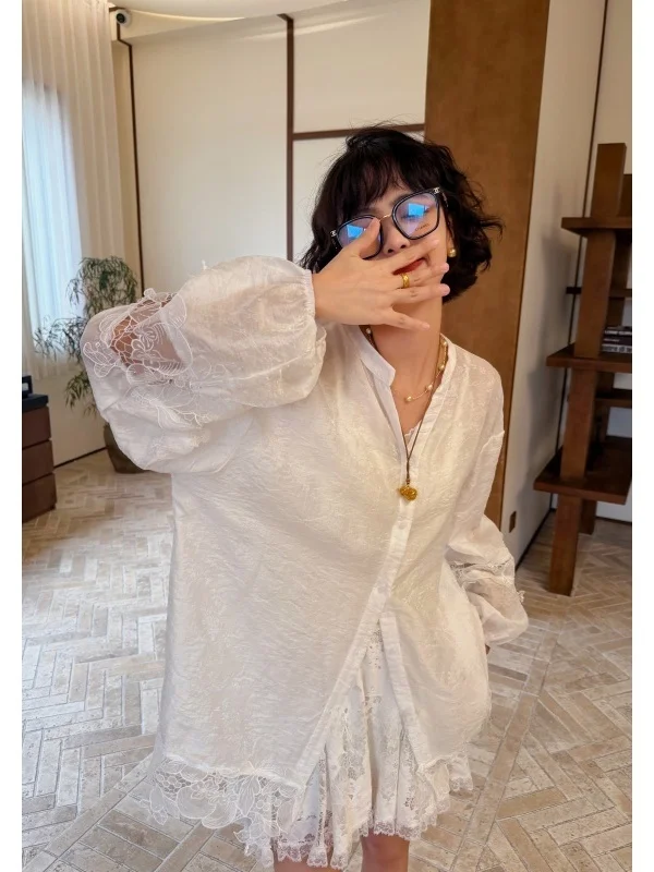 

Новая женская шелковая рубашка в китайском стиле свободного кроя с длинным рукавом, V-образным вырезом и рукавами-фонариками, больших размеров, модная, для повседневной носки