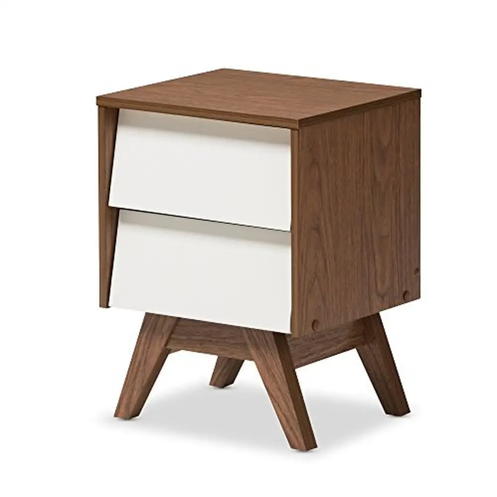 

Mid-century 2-Drawer Storage Nightstand in White/Walnut Smooth Runner Ample Storage Engineered Wood Legs 13.78"D x 15.75"W x