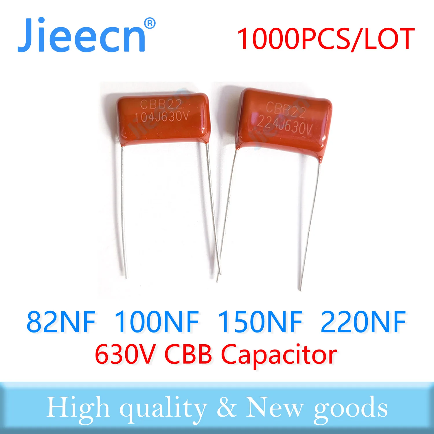 Jieecn 1000PCS 630V 10MM 15MM 82NF 100NF 150NF 220NF 823J 104J 154J 224J CBB Polypropylene Film Capacitor High Quality